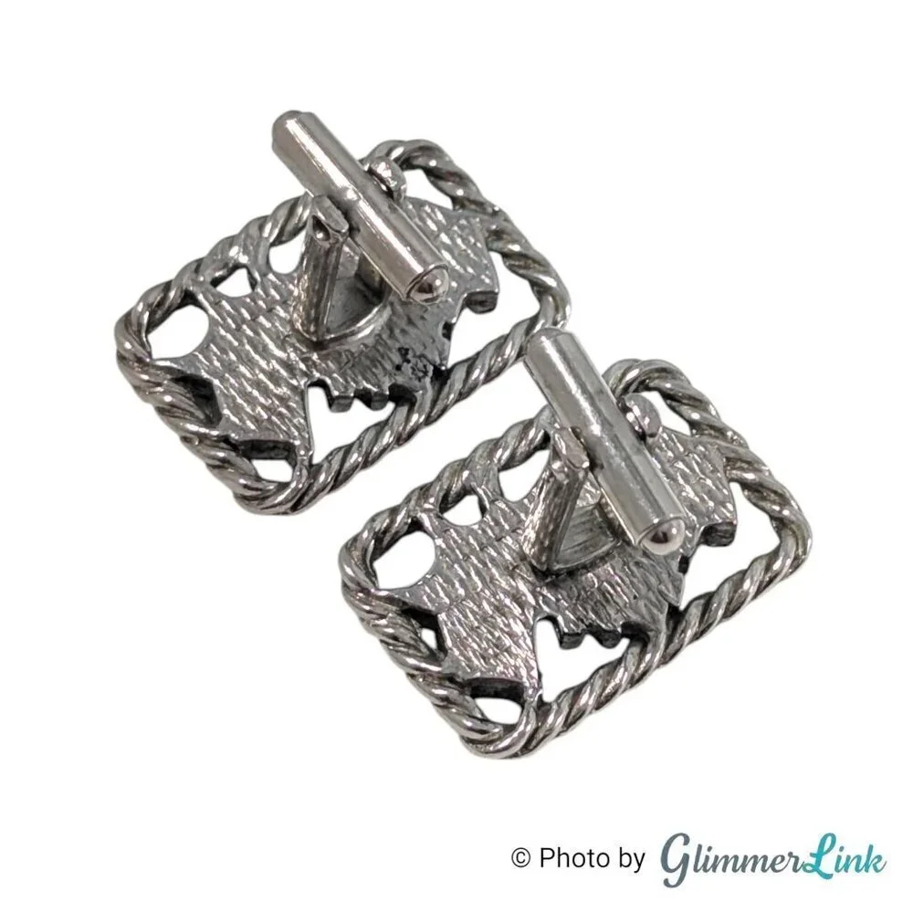 Vintage Knight Centurion Rectangular Rope Black Silver Tone MCM Cufflinks